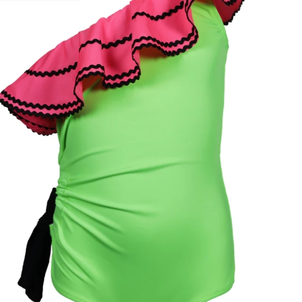 Kids One Shoulder Ruffle Swim One Piece - Green and Pink
